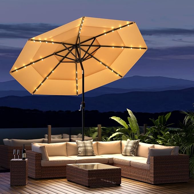 COSIEST 9FT 3 Tiers Patio Umbrella with Solar Lights, LED Outdoor Umbrellas with 8 Sturdy Ribs, Market Patio Table Umbrella with Push Button Tilt, Pool Umbrellas for Garden, Pool, Backyard