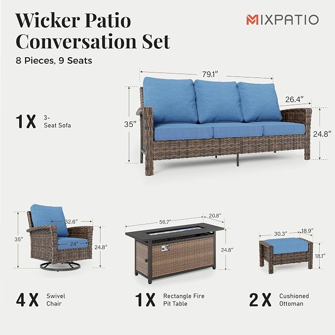 MIXPATIO 8-Piece Wicker Patio Furniture Set with Swivel Chairs, High Back Outdoor Furniture with 57'' Fire Pit Table, All-Weather Wicker Patio Conversation Set for Deck Yard Pool, Navy Blue