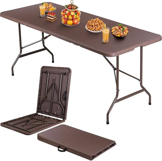 JupiterForce 6ft Plastic Folding Table, Indoor Outdoor Portable Heavy Duty Foldable Camping Table, Fold-in-Half Utility Table Dining Picnic Table for Party Wedding Event, Brown