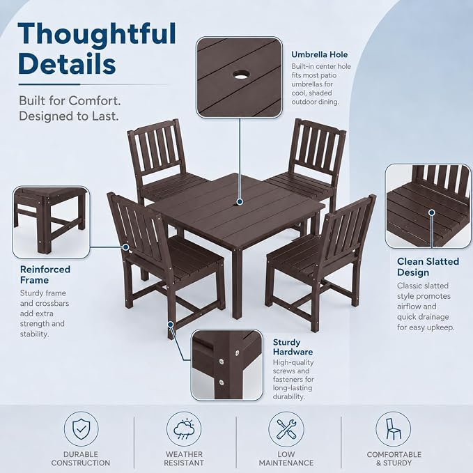 HDPE Outdoor Dining Set for 4, Square Table & Chairs Set | • All-Weather Polywood Composite • 410 lbs Heavy-Duty Support • Built-In 2" Umbrella Hole • Easy Soap-Water Wash