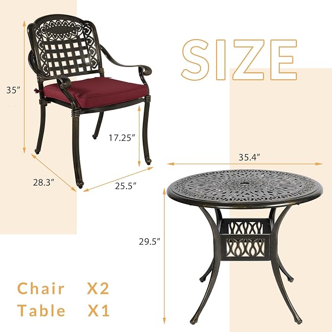 3-Piece Outdoor Patio Dining Set, All-Weather Cast Aluminum Patio Furniture Set for Backyard Garden Deck with 2 Cushioned Chairs and 35.4” Round Table, 2" Umbrella Hole, Chili Red