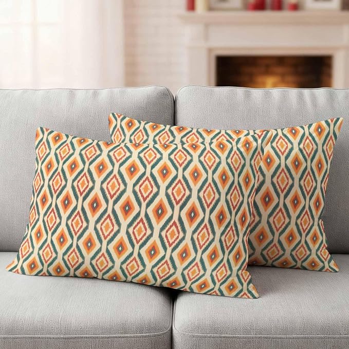 Lumbar Pillow Covers 20x12 Inch Set of 2, Orange Teal Geometric Waterproof Outdoor Pillow Covers, Southwest Ethnic Country Decorative Cushion Pillowcases for Couch, Sofa, Bed, Garden, Patio