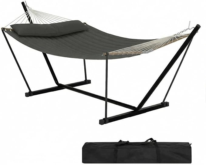 IDEALHOUSE 2-Person Hammock with Stand 450lbs Capacity Padded Polyester Heavy-Duty Steel Frame with Portable Carry Bag for Patio Backyard Poolside (Dark Gray)