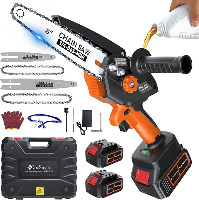 Mini Chainsaw with 1500W Brushless Motor, 2x 4000mAh Batteries 8 inch & 6 inch Handheld Small Chain Saw for Wood Cutting, Gardening Gifts for Father Dad Men