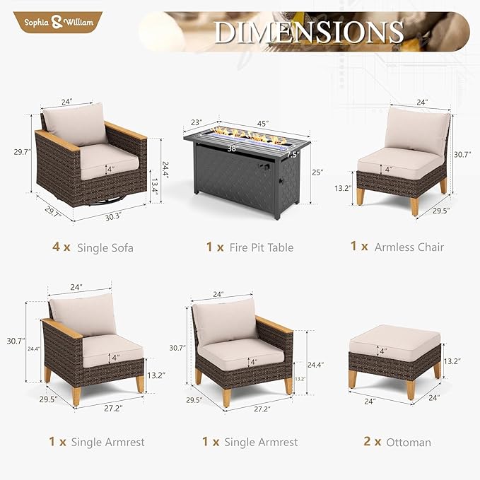 Sophia & William Patio Furniture Set with Fire Pit Table & Swivel Chairs, 9 Piece Outdoor Sectional Furniture Wicker Modular Sofa Couch, Conversation Set for Deck Backyard Lawn, Beige