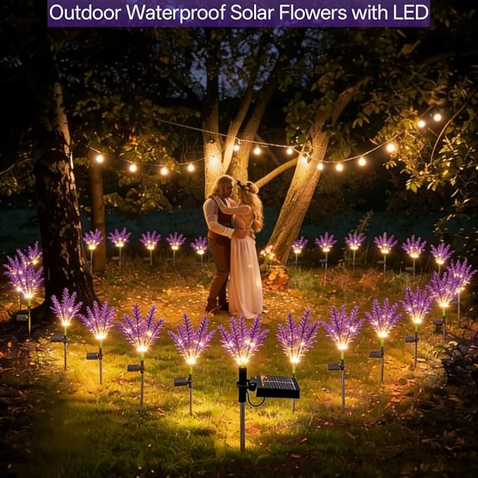 Solar Lavender Flowers Lights, 2 Pack Warm White Outdoor Waterproof Artificial Flower Garden Décor for Yard Pathway Patio Lawn, Mothers Day Gift, Fathers Day Halloween Gifts(56-Light LED)