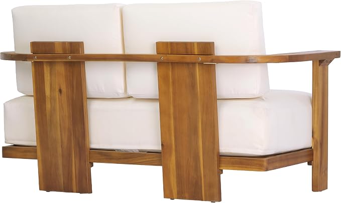Christopher Knight Home Archer 2 Piece Loveseat Sofa and Coffee Table Set, Acacia Wood Patio Furniture Set with Removable Cushion, Patio Conversation Set with Slatted Design, Beige+Teak