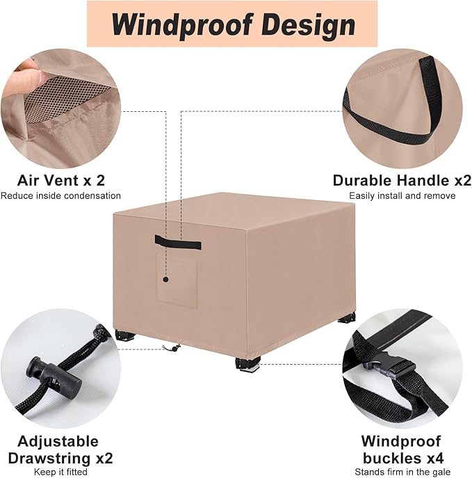 LYHNMW Outdoor Patio Ottoman Cover, 2PCS 20" L x 20" W x 18" H Waterproof Patio Ottoman Cover, 600D Heavy Duty Patio Furniture Cover with Padded Handles (Khaki)