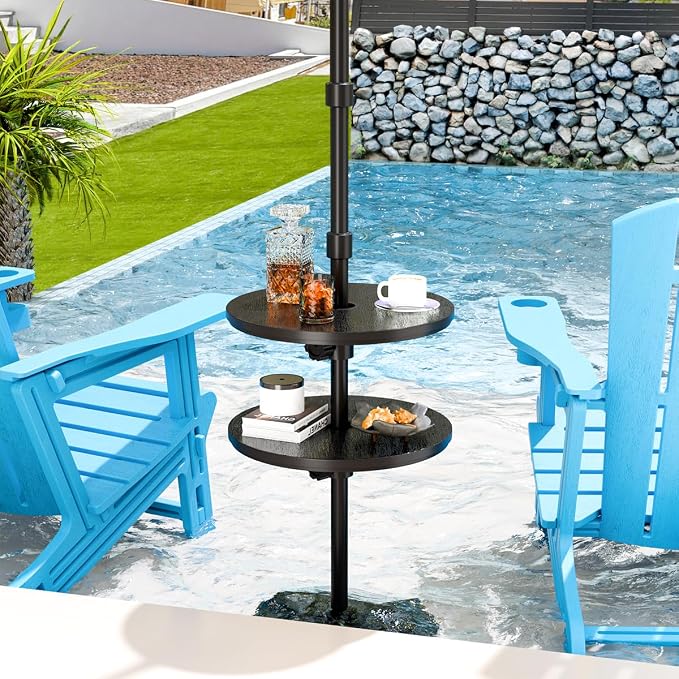 Patio Umbrella Table Tray with 1.5" Hole, Plastic Outdoor Side Table with Adjustable Knob, All-Weather, for Poolside, Backyard, Deck, 2pcs, Black