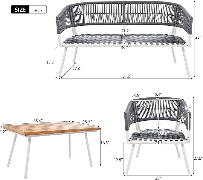 4-Piece Boho Rope Patio Furniture Set, Outdoor Furniture with Acacia Wood Table, Patio Conversation Set with Deep Seating & Thick Cushion for Backyard Porch Balcony, Grey
