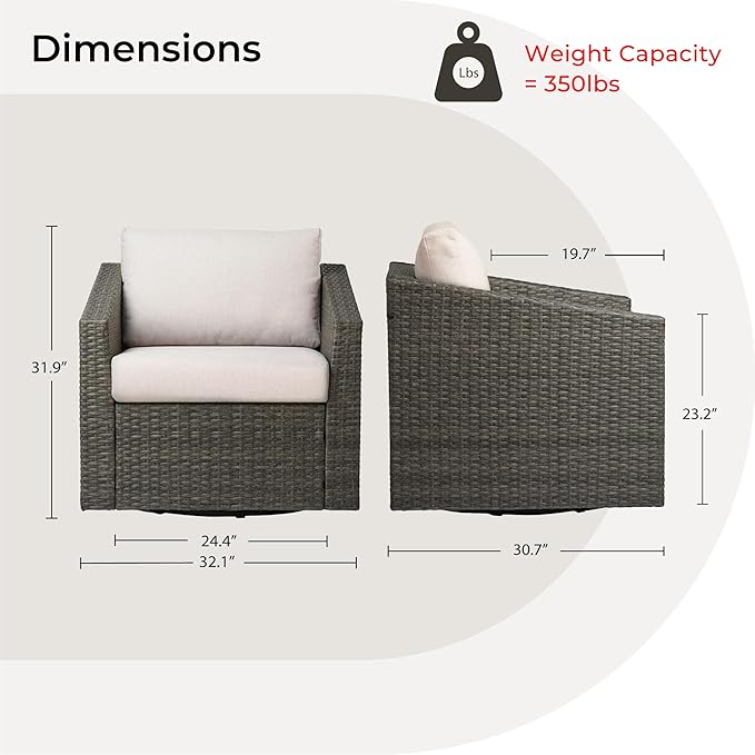 CHITA Patio Wicker Chair, 360° Swivel Outdoor Rattan Chair with Thickened Cushions for Backyard, Poolside, Garden or Porch, Beige Cushions with Grey Wicker