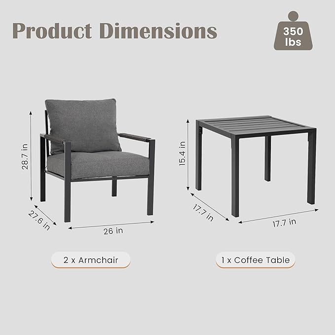 3 Pieces Rattan Outdoor Furniture Set, All-Weather Patio Conversation Set with Dark Grey Cushions and Coffee Table for Garden, Backyard, Balcony, Poolside