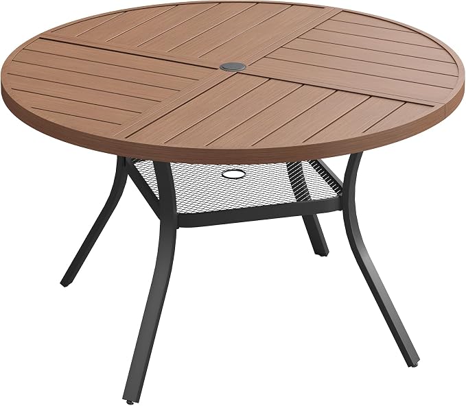 VICLLAX 40.6" Round Outdoor Table, Patio Dining Table for 4 with Umbrella Hole for Garden Lawn Deck Backyard, Walnut