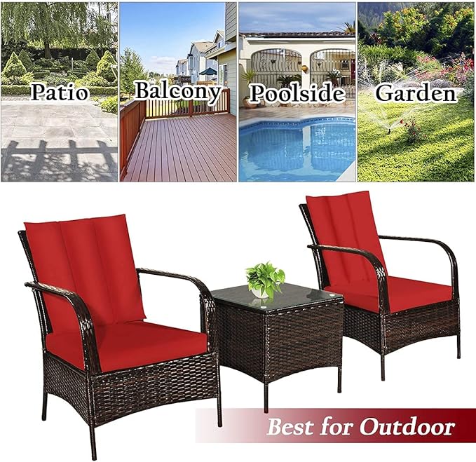 Tangkula 3 Piece Patio Furniture Set, 2 Wicker Chairs with Glass Top Coffee Table, Outdoor Garden Porch Poolside Furniture Set for 2, Rattan Conversation Set