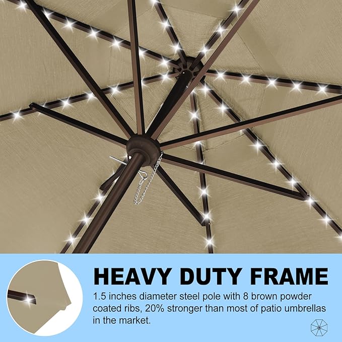 Eurmax USA 10-Year-Non-Fading 10FT 3-Tier Outdoor Patio Market Umbrella with LED Lights,UPF50+ UV Resistant,Commercial Grade,Crank Lift Design,Windproof Vented Top for Garden,Pool,Deck,Mushroom