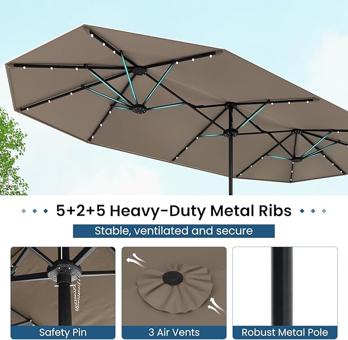Tangkula 13FT Double-Sided Solar Patio Umbrella, Extra-Large Outdoor Twin Umbrella with 36 LED Lights, Vented Top, Crank Handle, 12 Ribs, Weighted Base Included for Backyard Poolside Deck (Tan)