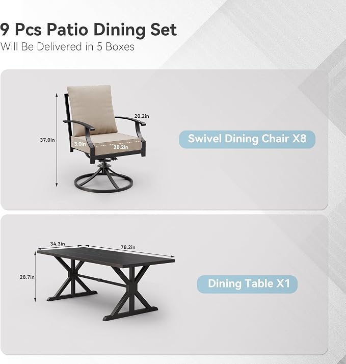 ALAULM 9-Piece Patio Dining Set,Outdoor Metal Dining Set with 8 Swivel Chairs & Rectangle Table with 1.5 Umbrella Hole, Patio Dining Table and Chairs for Backyard, Sand