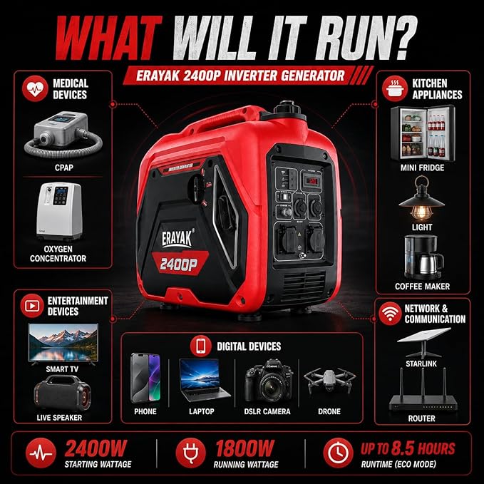 ERAYAK 2400W Portable Inverter Generator for Home Use, Super Quiet Small Generator for Camping Outdoor Emergency Power Backup, Gas Powered Engine, EPA, ECO Mode