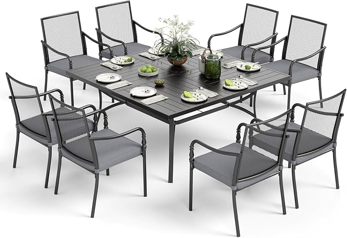SUNSHINE VALLEY Patio Table and Chairs Set of 8, All Weather Breathable Metal Mesh Patio Chair with Gourd-Shaped Armrests, 60x60 Square Table with Umbrella Hole, 9 Pcs Metal Frame Patio Dining Set