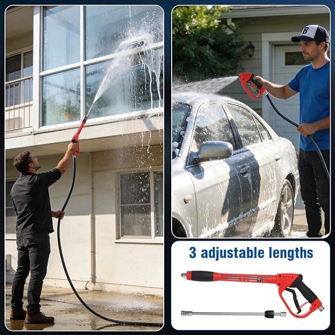 Long Handle Pressure Washer Gun with 5 Nozzle Tips - 5000 PSI Adjustable High Pressure Water Wand with Swivel 3/8" Plug & M22 Coupler, 2 Extension Wands - for Car, Patio Cleaning and Daily use.