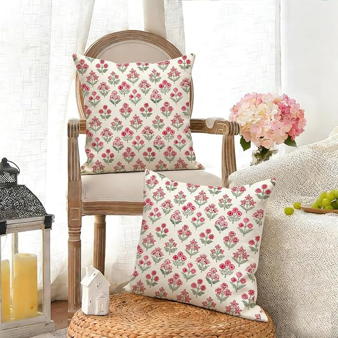 RABUSOFA Red Vintage Floral Summer Pillow Covers Set of 2,Seasonal Flower Oudtdoor Decorative Throw Cuchion Cases Spring Summer Decorations for Home Patio Couch Decor 18x18 Inch