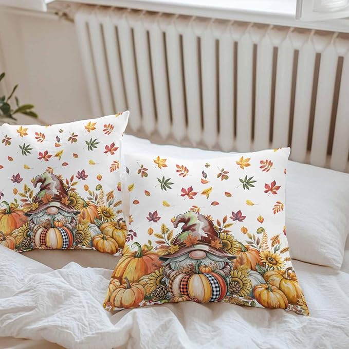 Fall Gnomes Outdoor Waterproof Pillow Covers, Thanksgiving Pumpkins Leaf Sunflowers Farm Decorative Square Throw Pillowcase Sofa Cushion Sham for Patio/Couch/Chair, 16"x16" 2 Pack