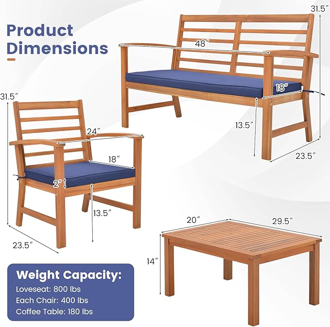 Tangkula 4 Pieces Outdoor Furniture Set, Acacia Wood Conversation Set w/Soft Seat Cushions, Stable Acacia Wood Frame, Patio Sofa & Coffee Table Set for Backyard, Porch, Poolside (Navy)
