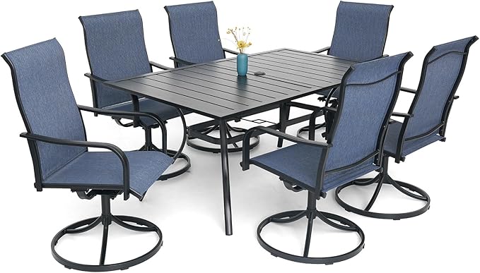 Anmutig 7-Piece Outdoor Dining Set, 6 Swivel Patio Chairs & 60''Rectangular Dining Table with All Weather Frame Furniture Set - Navy Style2