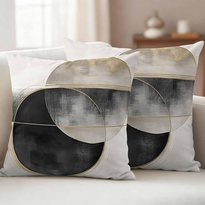 Abstract Art Outdoor Waterproof Throw Pillow Covers Set of 2, 16"x16", Mottled Geometric Moon Black Gold Circle Striped Decorative Pillow Covers Outside Cushion Case for Patio Porch Garden