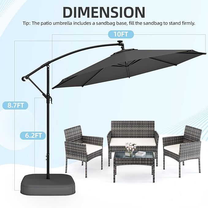 EROMMY 10FT Patio Umbrella with Base Included, Outdoor Offset Cantilever Umbrella, Infinite Tilt, Crank and Cross Base, UV Protection for Backyard, Lawn, Garden & Pool