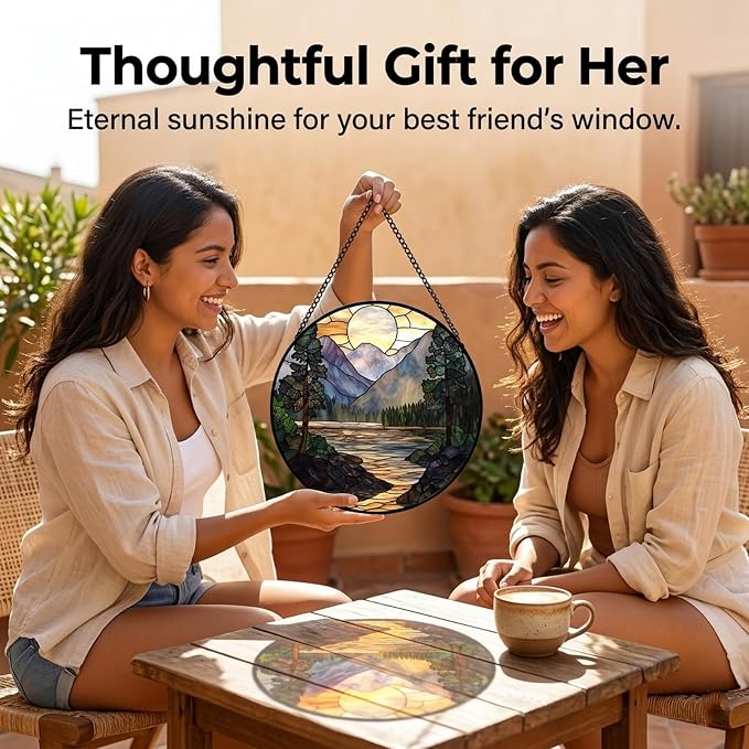 Birthday Gifts for Women - Sunset Mountain Landscape Faux Stained Glass Window Hanging Sun Catcher Mother's Day for Mom Nana Friend Grandma Wife and Door Garden Acrylic Decor 9.8"