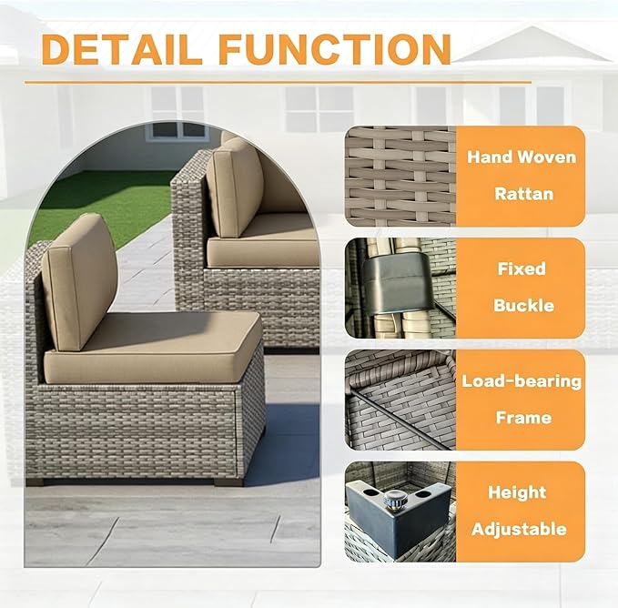 MOCHITO 7 Pcs Outdoor Patio Furniture Sets Grey Rattan Khaki Cushions | All-Weather Sectional Sofa, with Glass Table, PE Rattan Wicker Patio Furniture , Washable Cushions, for Balcony Porch Garden