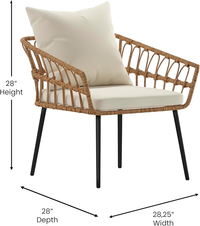 Flash Furniture Evin Boho 4 Piece Patio Conversation Set - Natural Rope Rattan - Cream All-Weather Cushions - Tempered Glass Top Coffee Table - Indoor/Outdoor