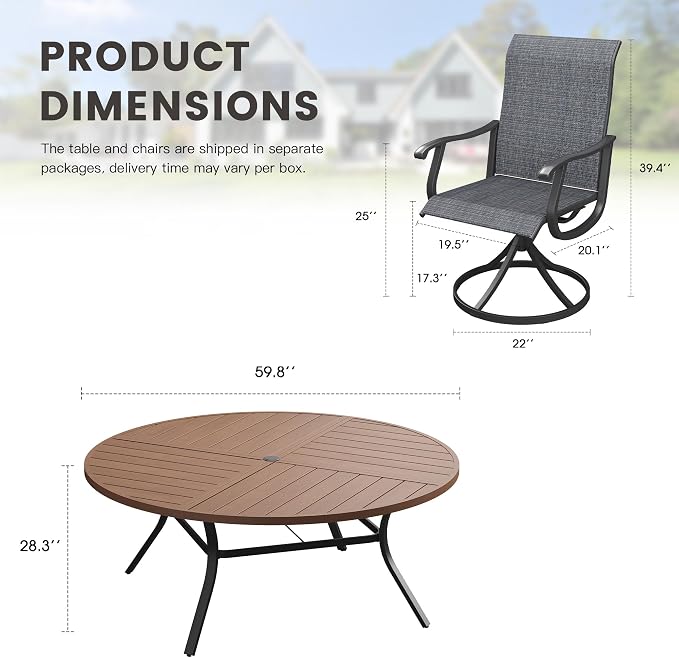 Outdoor Dining Set for 8, 60.1" Metal Round Outdoor Dining Table with Umbrella Hole and Sling Patio Swivel Chairs, 9 Pieces Patio Table and Chairs Set for Garden Backyard, Charcoal and Walnut