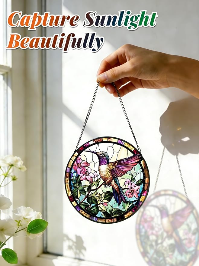 Hummingbird Stained Glass Suncatcher Window Hanging Flowers Gifts for Mom | 7.8in Garden Sun Catcher, Bird Pink Flowers Ornament for Door Home, Gift for Bird Lovers Grandma & Mother's Day Christmas