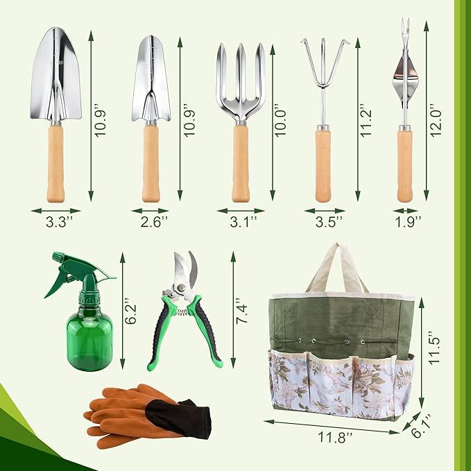 BlingKingdom 9-Piece Garden Tools Set, Stainless Steel Gardening Hand Tool Kit with Tote Bag Easy Storage Perfect Gardening Gifts for Beginners, Women and Men