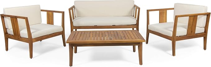 Christopher Knight Home Beatrice Outdoor 4 Seater Acacia Wood Chat Set, Teak and Beige