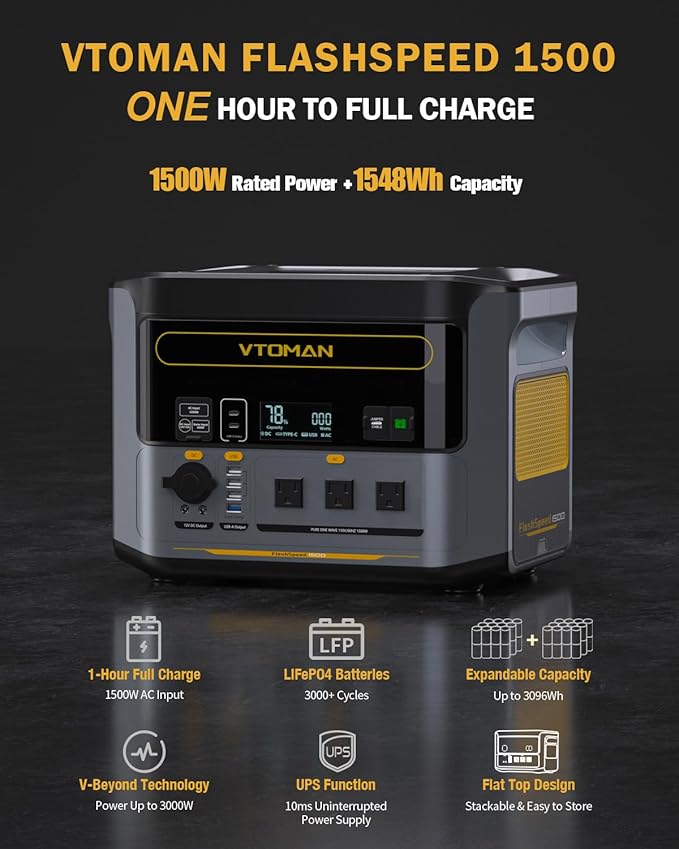 VTOMAN FlashSpeed 1500 Portable Power Station with 2x200W Pro Solar Panel, 1548Wh LiFePO4 Solar Generator, 1 Hour Fast Charge, 1500W AC Output for Off-Grid, Camping, RV, Home Backup,Emergencies