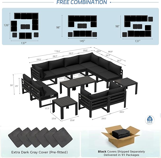 NICESOUL 14 Piece Extra Large Modern Aluminum Patio Furniture Set, Modular Outdoor Conversation Set with Coffee Table, 500 lbs Heavy Duty Comfortable Sectional Sofa for Poolside Exterior, Black