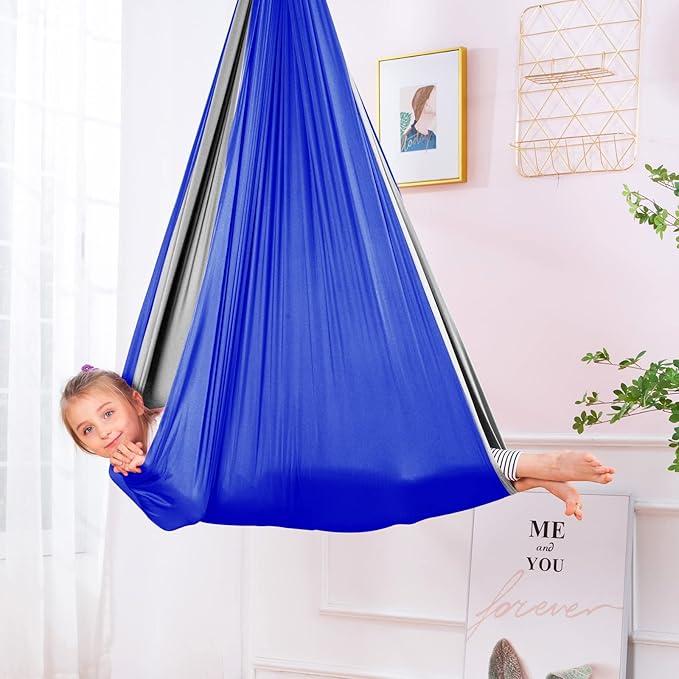Therapy Swing Hammock Kids Cuddle Sensory Swing Indoor Therapeutic Hammock 360° Rotating Double Layer Elastic Rocking Cloth Swing Gifts for Children with ADHD SPD Asperger Autism (Blue+Grey)