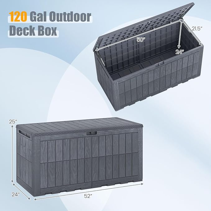 HAPPYGRILL 120 Gal Outdoor Deck Box, Lockable Storage Bin with Lid and Handles, Waterproof and Sun-Protective Patio Bench and Storage Box for Garden Tools Pool Supplies (Gray, 120Gallon)