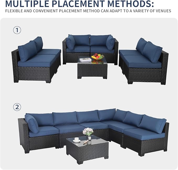 Valita 7 Pieces Outdoor Wicker Furniture Conversation Set Patio Sectional Sofa Set Glass Table with Non-Slip Cushions Furniture Cover, Navy Blue