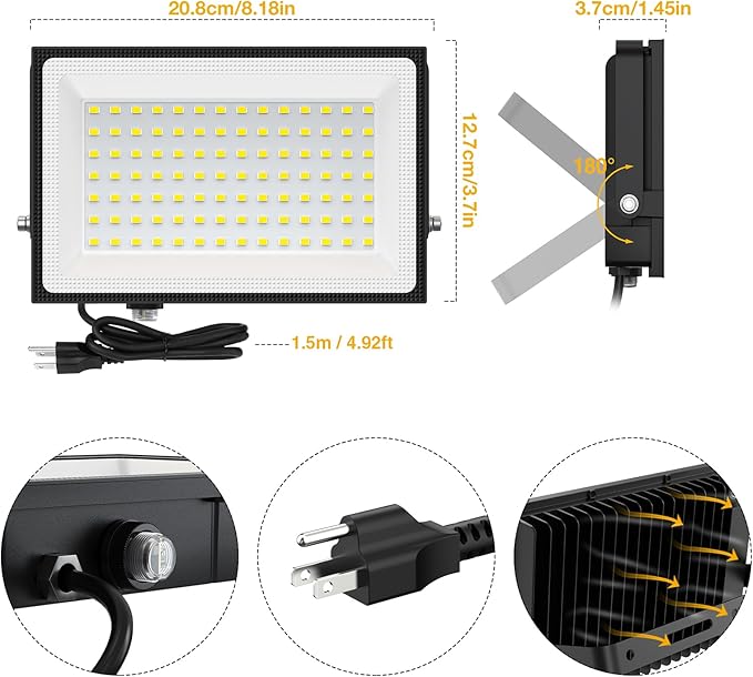 Onforu 100W Dusk to Dawn LED Outdoor Flood Light with Timer, 9000LM Adjustable Brightness Work Light, IP66 Waterproof Security Light with Plug for Yard 2 Pack