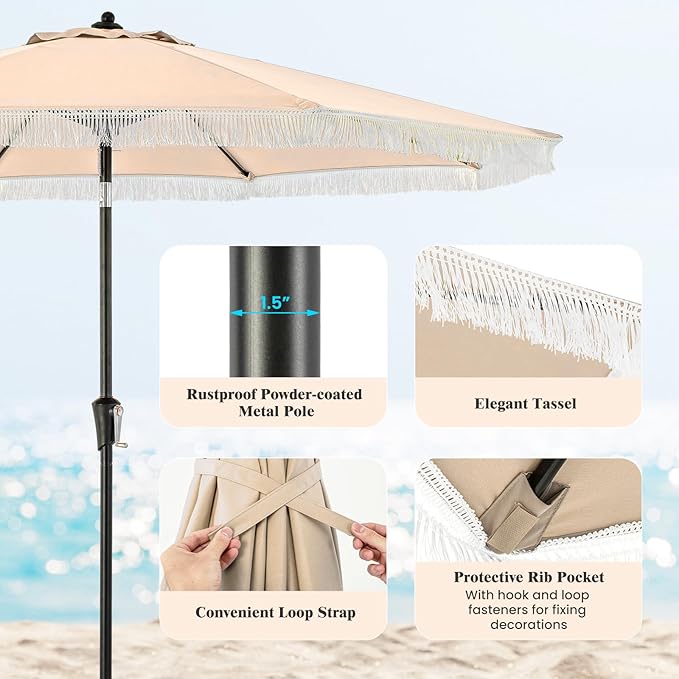 Tangkula 9Ft Patio Umbrella with Fringe, 2-Tier Outdoor Boho Umbrella with Tassels, Crank Handle, Push Button Tilt, Sun-Protective Canopy, 8 Ribs for Deck Backyard Poolside