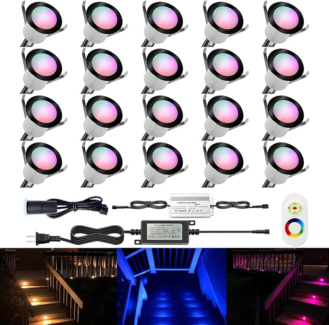 LED Outdoor Deck Lights with Photocell, Φ1.18in RGB 20 Pack Black, Low Voltage 12V IP67 Waterproof, Multi Color Changing Remote, Electric Wired Recessed Stair Step Landscape Lighting for Yard
