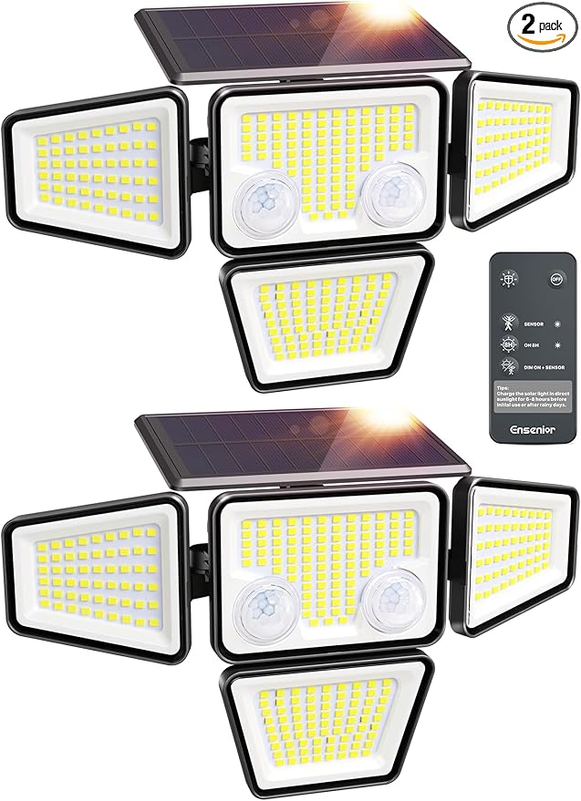 Ensenior Solar Lights Outdoor 2600LM, Motion Sensor Outdoor Light with Remote Control, IP65 Waterproof 279 LED 4 Heads Solar Security Light with 4 Mode, 270° Wide Angle Solar Flood Light, 2 Packs
