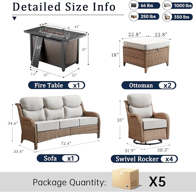 Luxury High Back Outdoor Furniture 6-Inch Thick Cushions with 50,000 BTU Gas Propane Fire Pit Tablet, Patio Furniture Set with Swivel Chairs, 8 PCS for Porch, Balcony, Deck and Yard