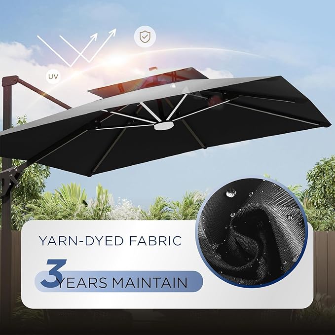 10' X 13' Patio Umbrella with Weighted Base and LED Lights Outdoor Cantilever Large Rectangle Offset Umbrellas Heavy Duty Aluminum Double Top with 360-degree Rotation for Pool Garden Deck, Black