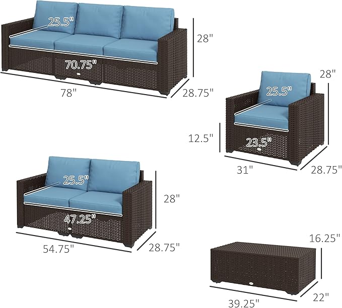 Outsunny 5 Piece Patio Furniture Set with Storage Bin Coffee Table, Wide Deep PE Rattan Wicker Outdoor Conversation Sofa Set with Cushions, Blue