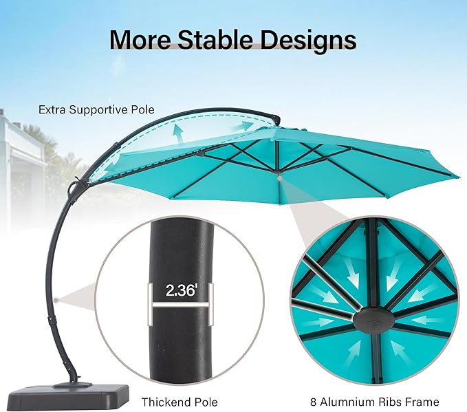 LAUSAINT HOME 11FT Curvy Cantilever Patio Umbrella with Base, 360° Rotation Offset Outdoor Umbrella, Heavy Duty Hanging Umbrella for Backyard, Pool, Garden（Turquoise Blue）